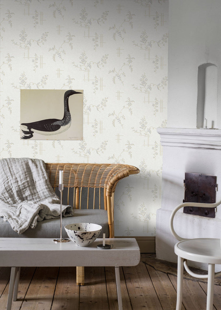 PAPEL PINTADO RETRO FLORAL BLANCO