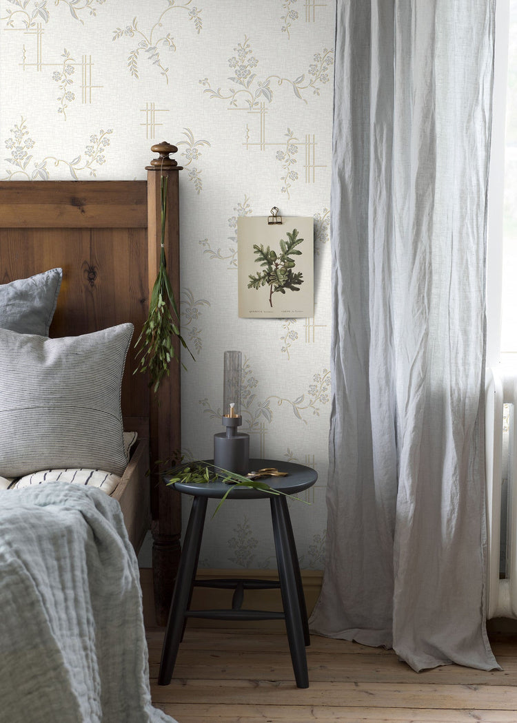 PAPEL PINTADO RETRO FLORAL BLANCO