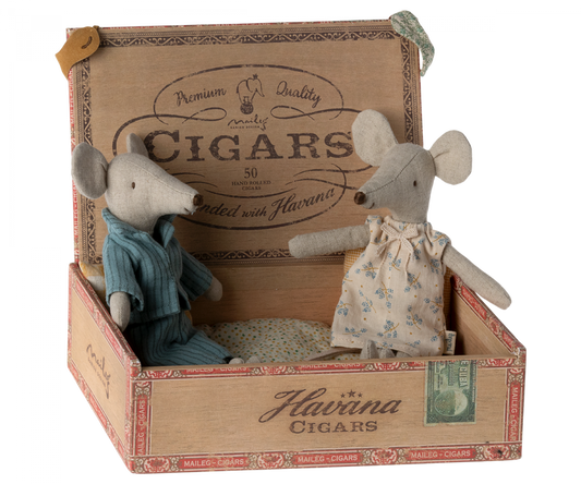 Mamá y papá ratón en caja de cigarro