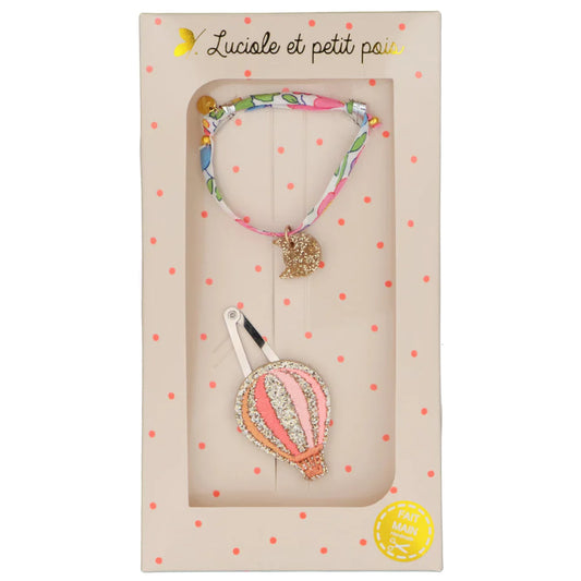 SET DE REGALO: PASADOR DE GLOBO AERÓSTATICO ROSA Y PULSERA BETSY FUCSIA