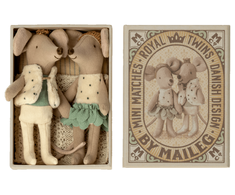 Ratones gemelos reales, hermanita y hermanito en caja de cerilla