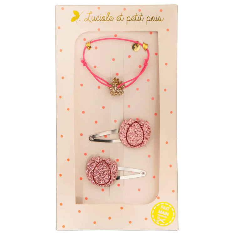 SET DE REGALO - PULSERA FUCSIA Y PINZAS DE TULIPANES
