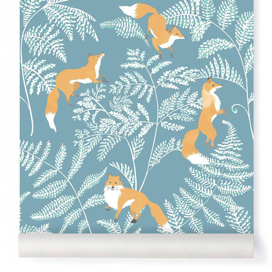 PAPEL PINTADO ZORROS AZUL