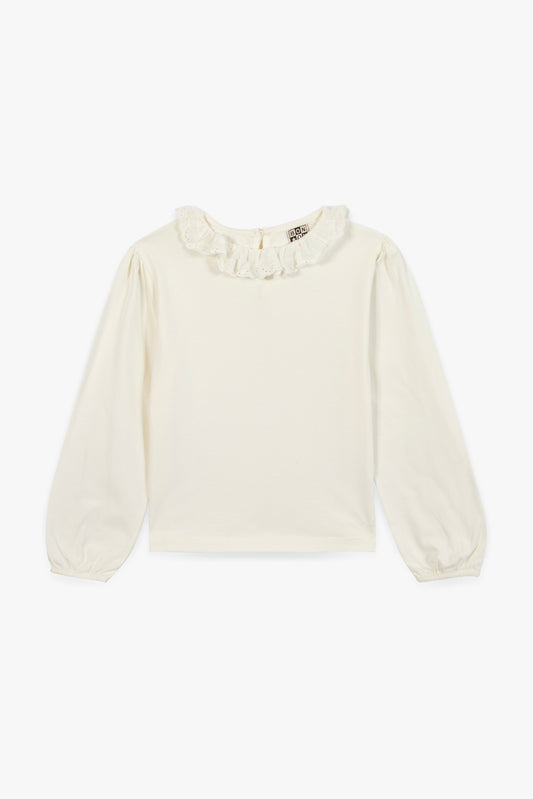 Blusa écru con cuello volante – Comodidad y estilo natural | Colección Faroe Island