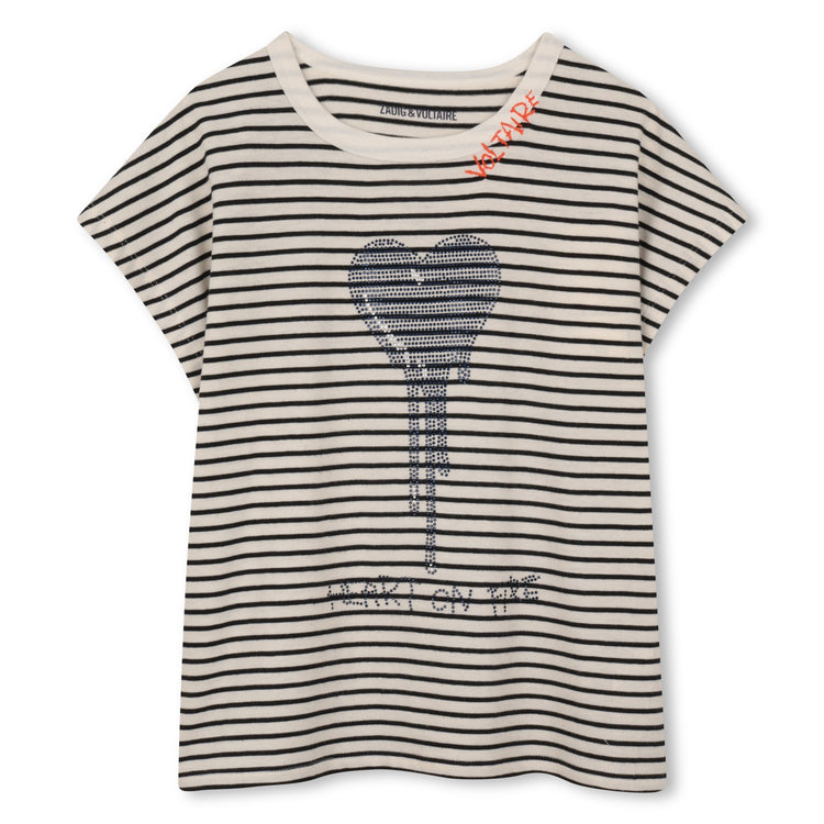 Camiseta manga corta con rayas y brillos